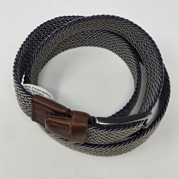 TOMMY BAHAMA BRAIDED WOVEN STRETCH BELT BLUE & KHAKI BROWN LEATHER END MEN L/XL - Picture 3 of 12